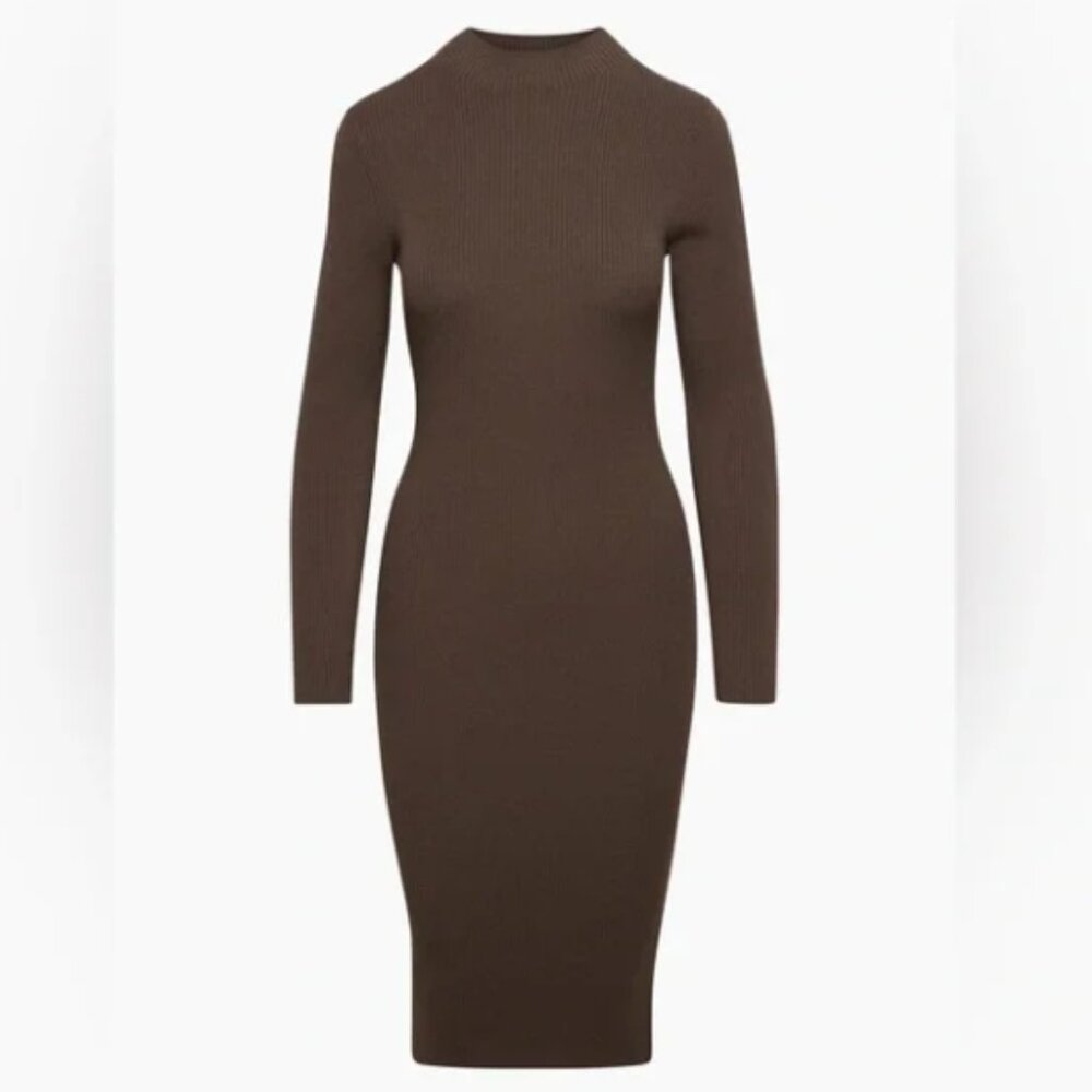 Aritzia Babaton Rich Mocha Brown Ribbed Mock Neck Bodycon Compose Dress Large